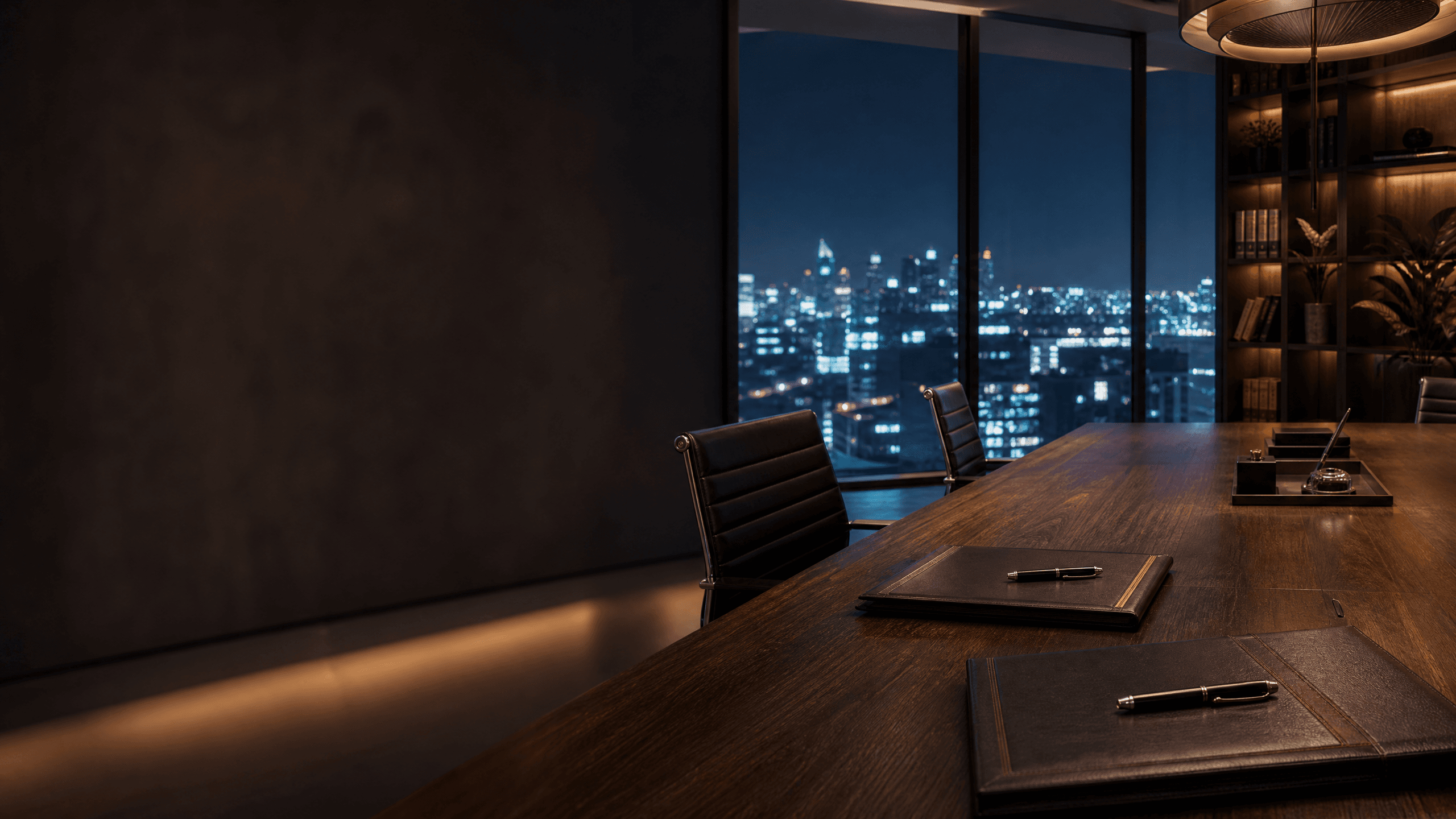 Sala de negociação com mesa preparada para assinatura
