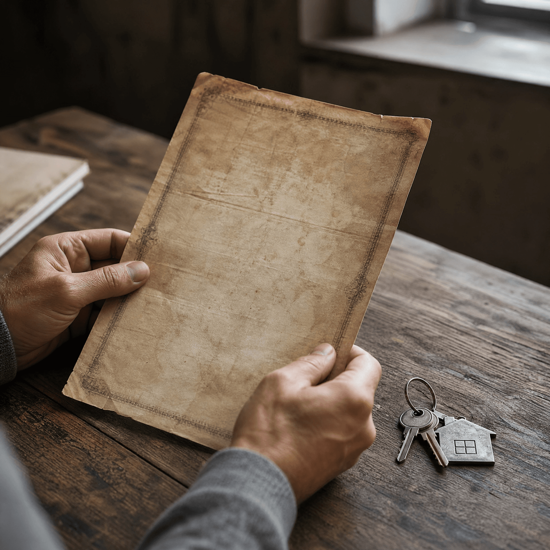 Documento antigo e chave de imóvel